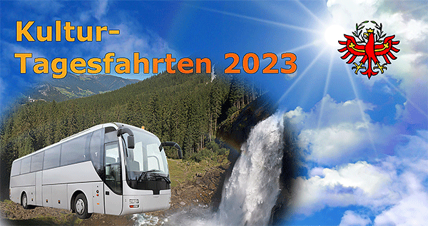 Logo-Kultur-Tagesfahrten-2023-Tirol - Bildlizenzen: Krimmler Wasserfälle: Fotograf Bernibaer wikimedia.com; Hintergrund: © k_yu; Autobus: © kosanperm beide@stock.adobe.com